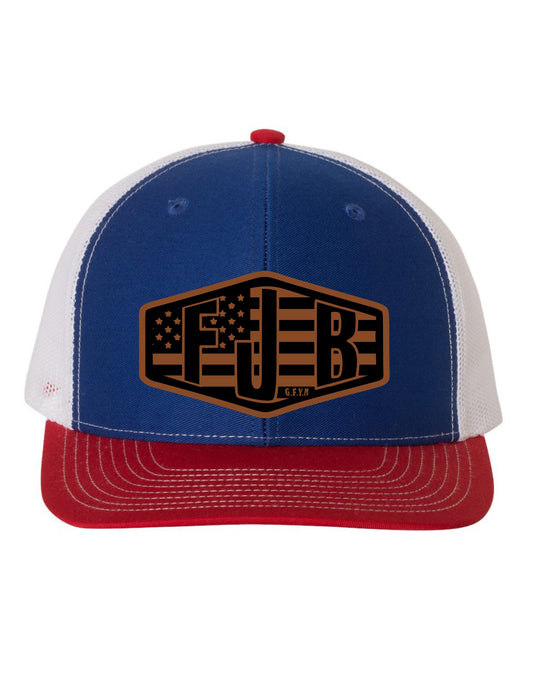 FJB RED/WHITE/BLUE Leather Patch Richardson 112 Trucker Hat and Sticker